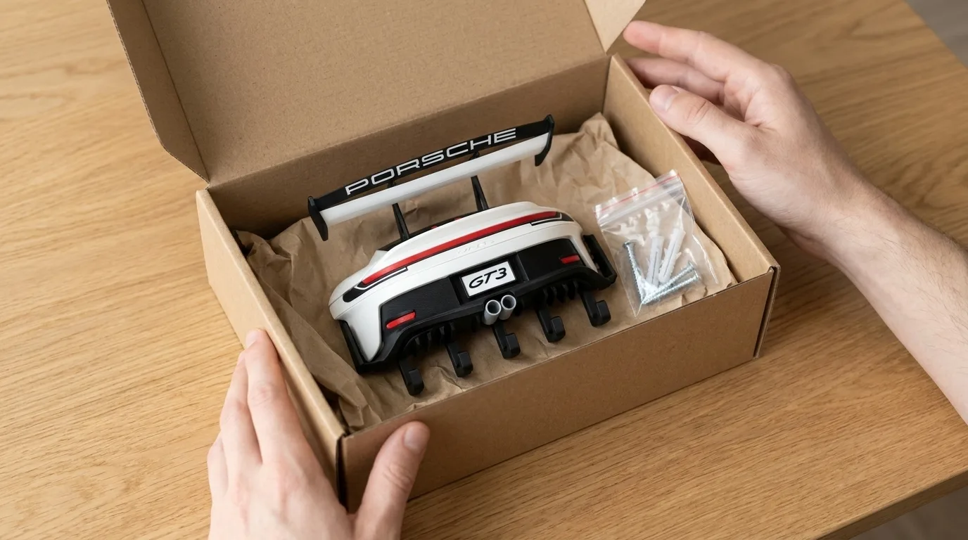 Porta-chaves GT3 embalado numa caixa de cartão com parafusos