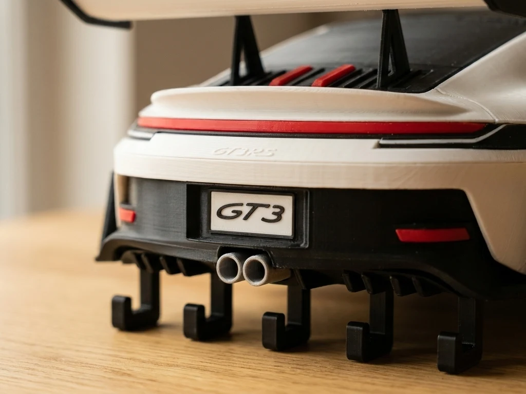 Pormenor da traseira do porta-chaves GT3: farolim, matrícula GT3, escape duplo e ganchos, com as camadas de impressão visíveis